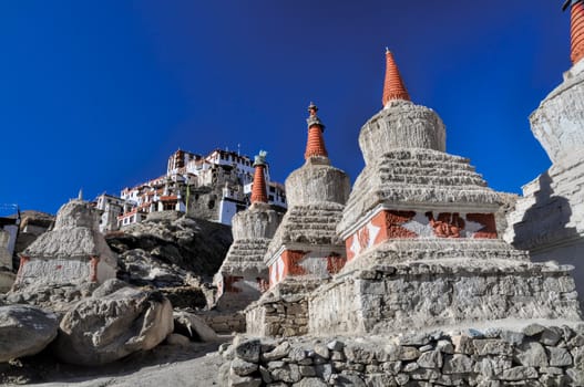 Bottom-up view of the side of Chemrey monastery in Ladakh