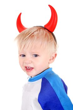 Naughty Baby Boy with Devil Horns on the Head Isolated on the White Background