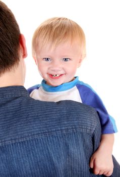 Parent holding Happy Baby Boy Isolated on the White Background