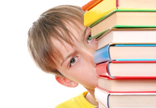 Sad Kid behind the Books Isolated on the White Background