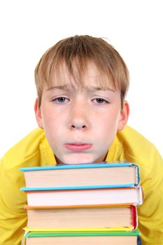 Tired Kid with the Books Isolated on the White Background