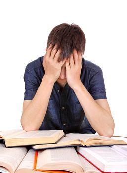 Sad and Tired Student at the School Desk on the white background