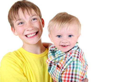 Happy Kid and Baby Boy Portrait Isolated on the White Background