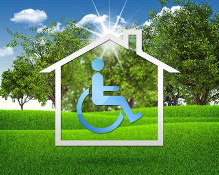 House icon with handicap symbol. Green grass and blue sky as backdrop