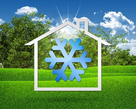 House icon with snow symbol. Green grass and blue sky as backdrop