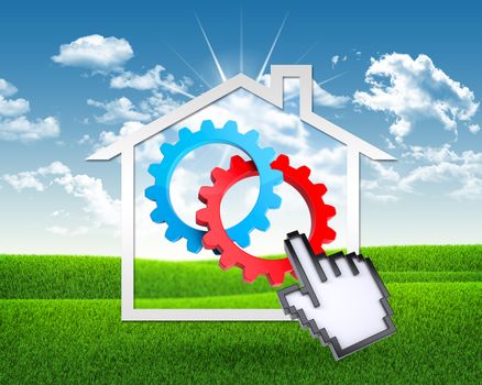 House icon with gears and computer hand . Green grass and blue sky as backdrop