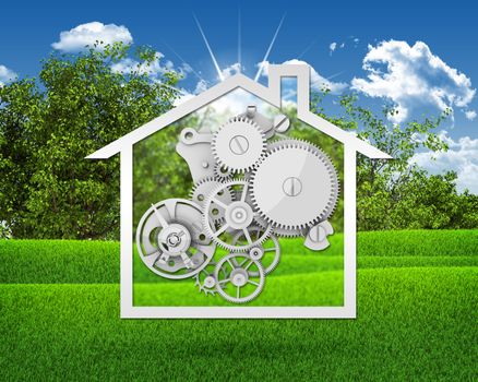 House icon with gears. Green grass and blue sky as backdrop