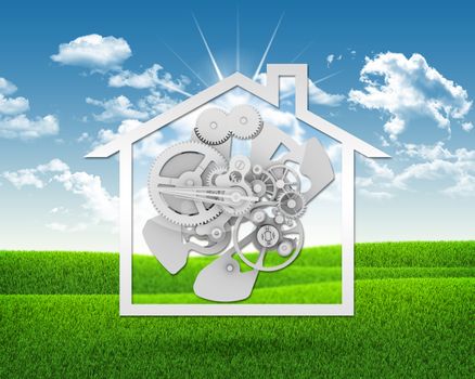 House icon with gears. Green grass and blue sky as backdrop