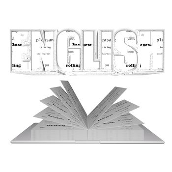 "English" word over an open book, isolated over white, 3d render