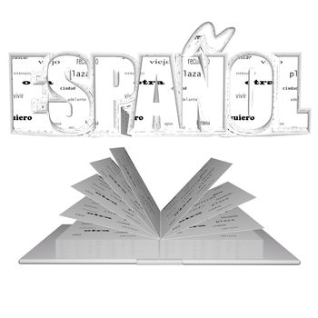 "Espanol" word over an open book, isolated over white, 3d render