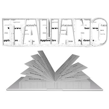 "Italiano" word over an open book, isolated over white, 3d render