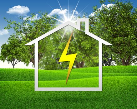 Symbol of electricity and house. Green grass and blue sky as backdrop