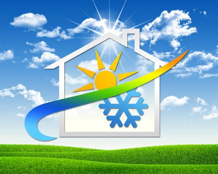 House icon with weather symbol. Green grass and blue sky as backdrop