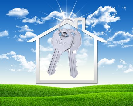 House icon and metal keys. Background of green grass and blue sky