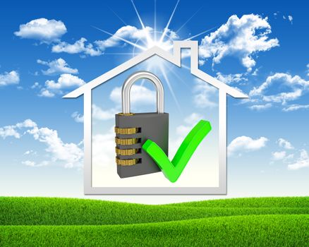 House icon and combination lock. Background of green grass and blue sky