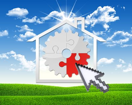 House icon with gear of puzzles and computer pointer. Green grass and blue sky as backdrop
