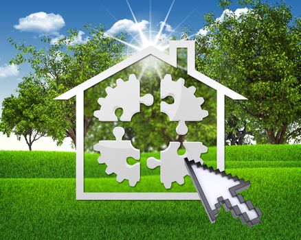 House icon with gear of puzzles and computer pointer. Green grass and blue sky as backdrop