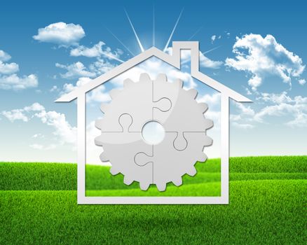 House icon with gear of puzzles. Green grass and blue sky as backdrop