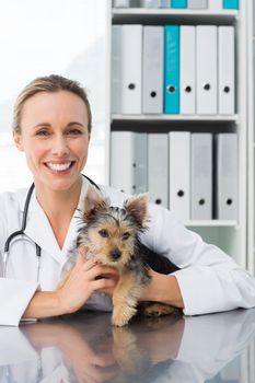 Portrait of attractive veterinarian holding dog in clinic