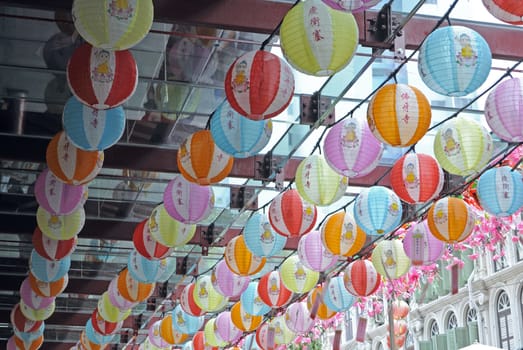 colorful lanterns decorating the ceiling of a Chinese Temple in Singapore