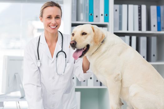 Portrait of confident female vet with dog in hospital