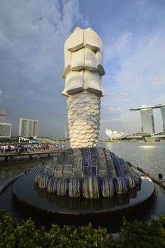 SINGAPORE-Apr 30:Th e Merlion fountain Apr 30, 2012 in Singapore.Merlion is a mythical creature with the head of a lion and the body of a fish,and is a symbol of Singapore.