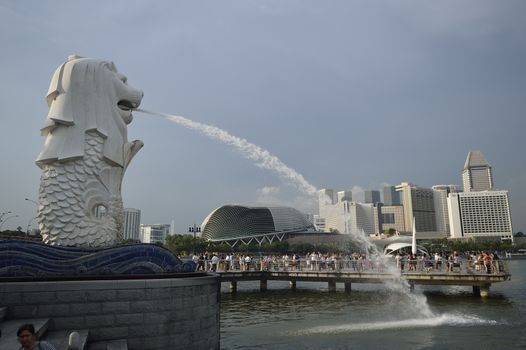 SINGAPORE-Apr 30:Th e Merlion fountain Apr 30, 2012 in Singapore.Merlion is a mythical creature with the head of a lion and the body of a fish,and is a symbol of Singapore.