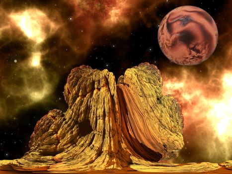 Alien Rock with space background and a brown planet