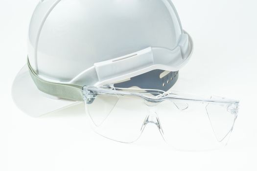 engineering concept, safety helmet and glasses