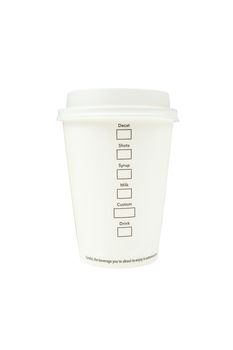 Paper cup of coffee and menu on white background