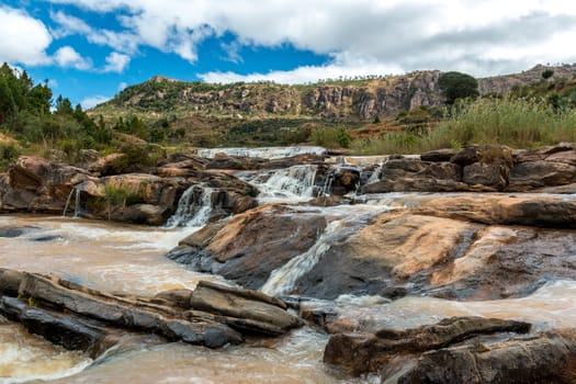 Beautiful and tranquil landscapes of Madagascar with multiple levels of small waterfalls