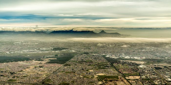 Aerial view of the of the mountainous terrain in the outskirts of the city of Cape Town