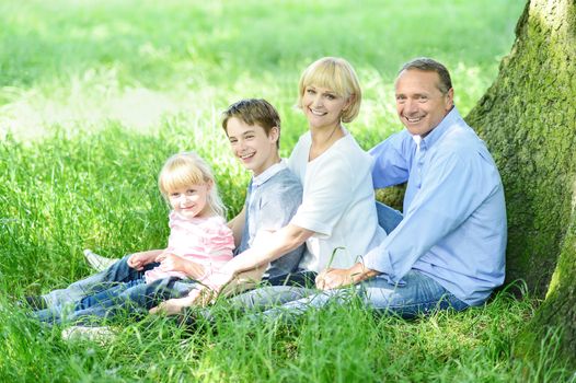 Jovial family resting under a tree in shade