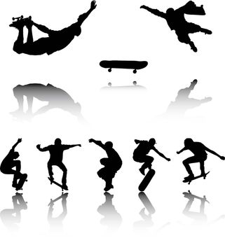 An Illustration of Silhouettes of Skateboarders with reflection