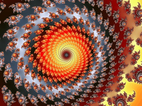Digital computer graphic - rendering. Patterned fractal spiral in a bright colors for design.