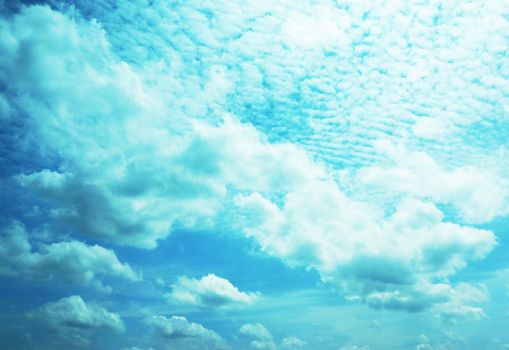 Clouds, both large and small, a brilliant white , some of gray , floating in the blue sky.                              