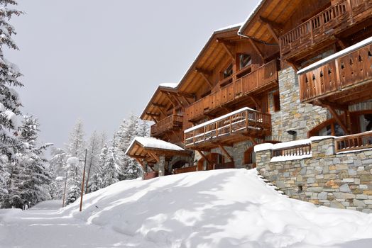 A traditional ski resort hotel, chalet style, built out of stone and wood along a path through the trees in the snow.