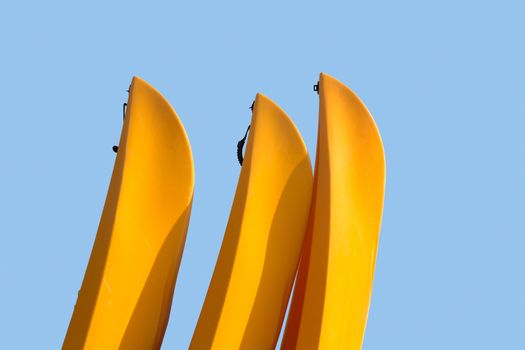 Three yellow prows of canoes or kayak with clipping path to allow easy isolation from blue sky behind the boats