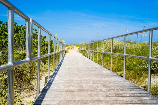 Wooden boardwalk to ocean amond sea oats on Madiera Beach north of Treasure Island Florida on Gulf of Mexico