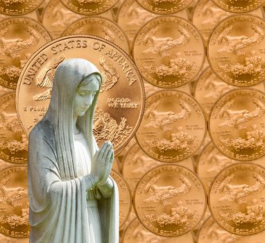 Image of statue of lady praying with US currency as background as a concept for the linkage of religion with money and wealth