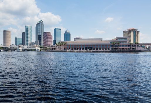 Florida skyline at Tampa with the Convention Center on the riverbank. Taken in summer during the day