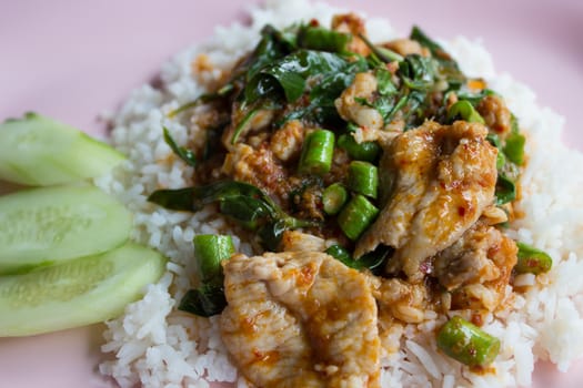 Stir fried pork and curry paste with yardlong beans on rice