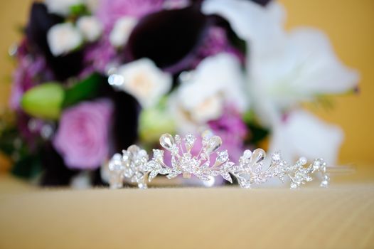 Brides tiara and flowers on wedding day
