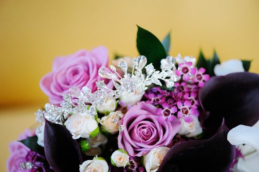 Brides pink roses and tiara closeup