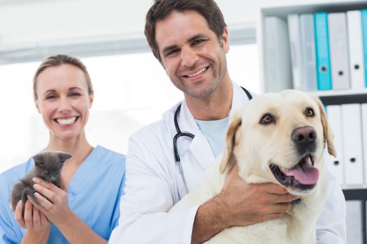 Portrait of confident veterinarians with dog and kitten in hospital