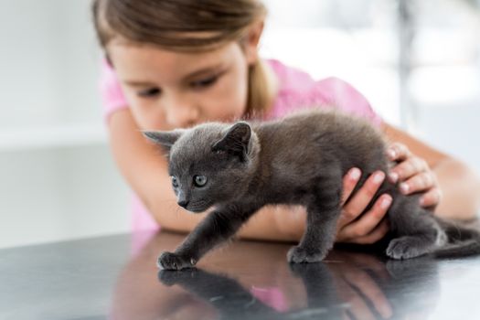 Little girl playing with kitten in veterinary office