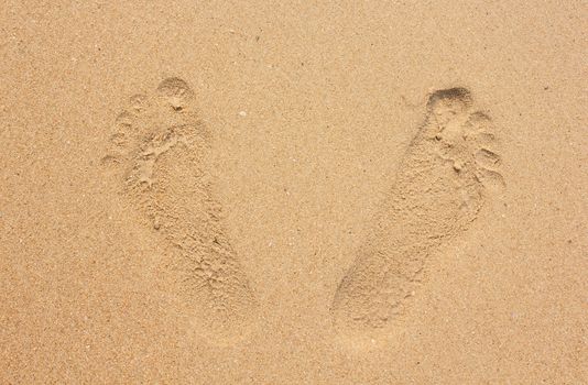 Two footprints in sand at beach