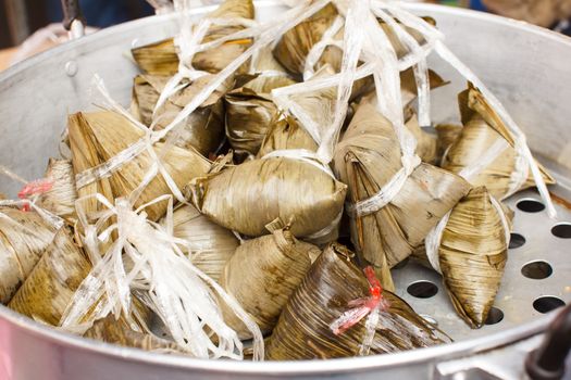 chinese dumplings, zongzi in steam pot