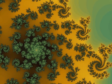 Digital computer graphic - rendering. Patterned fractal background with spiral in a green - yellow colors for design.
