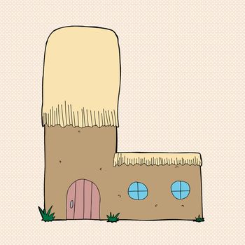 Cute mud hut with thatched roof as letter "L"